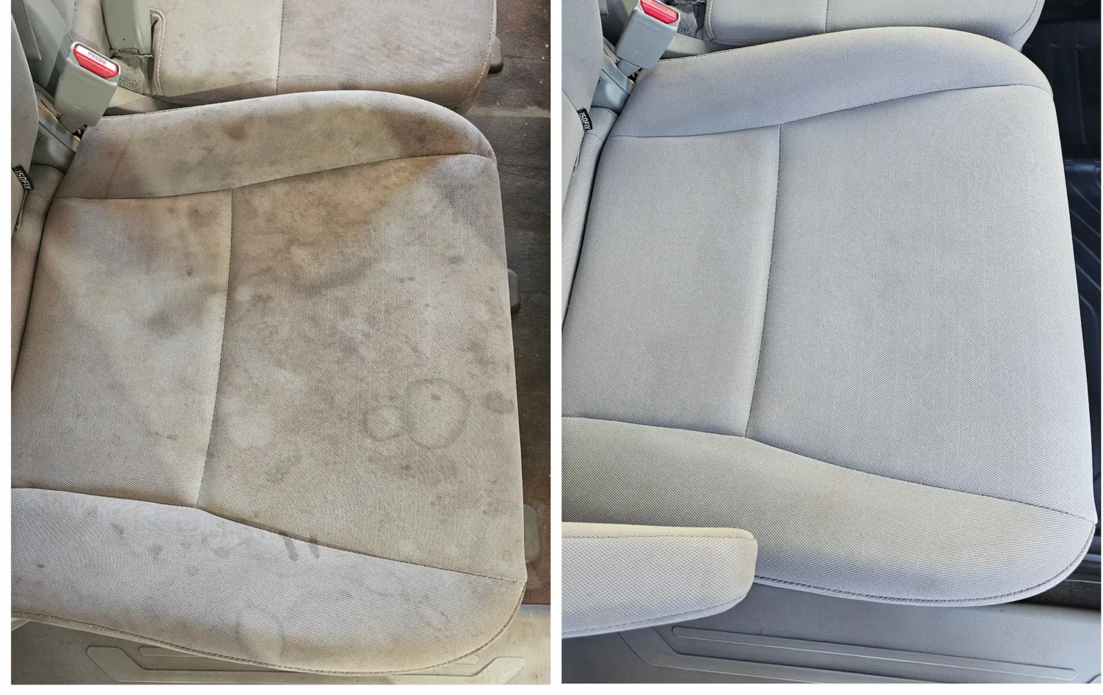 Before and after car seat upholstery cleaning, heavily stained fabric seat restored to like-new condition by Kimberley Auto Care