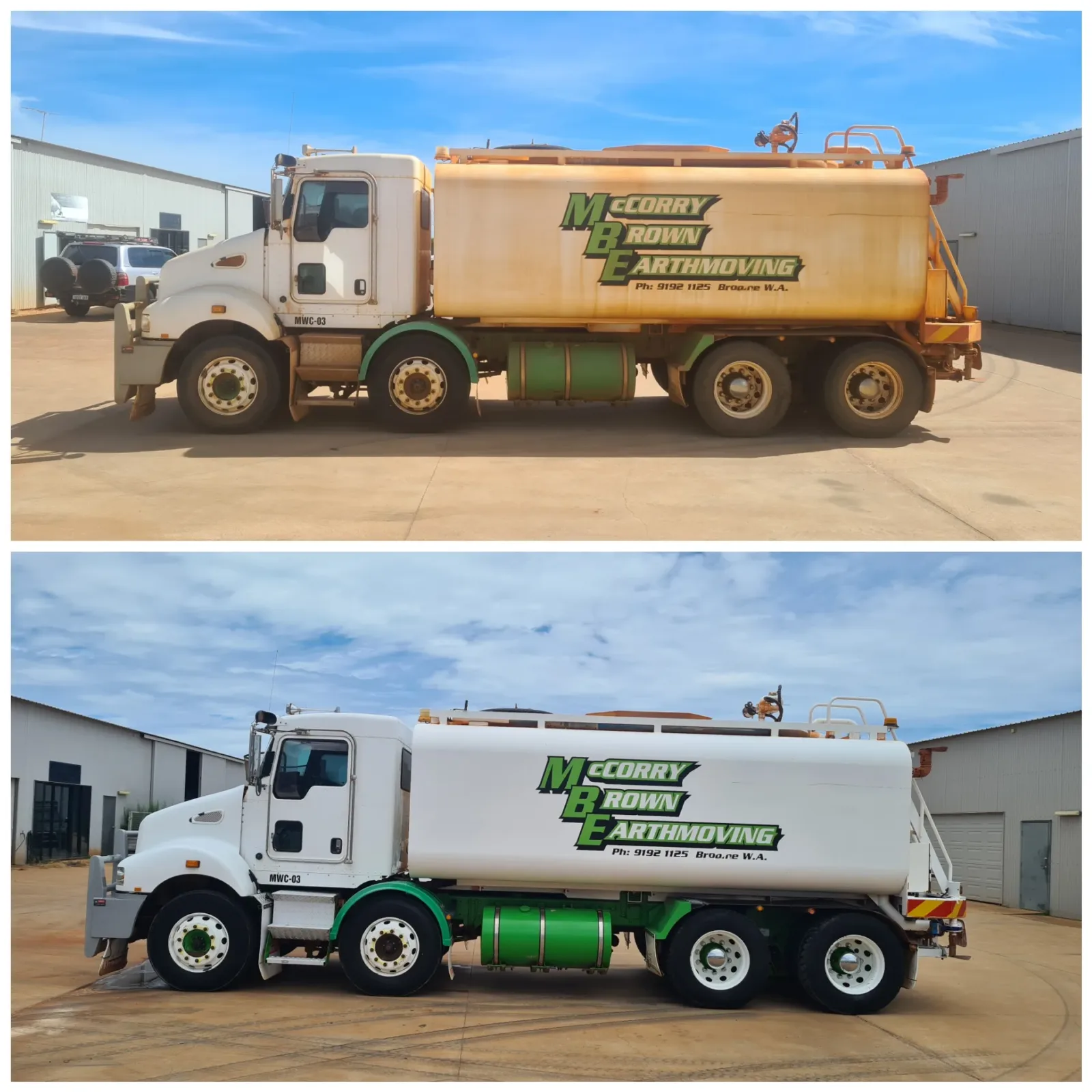 Before and after commercial water truck detail, McCorry Brown Earthmoving Kenworth truck cleaned and restored by Kimberley Auto Care in Broome