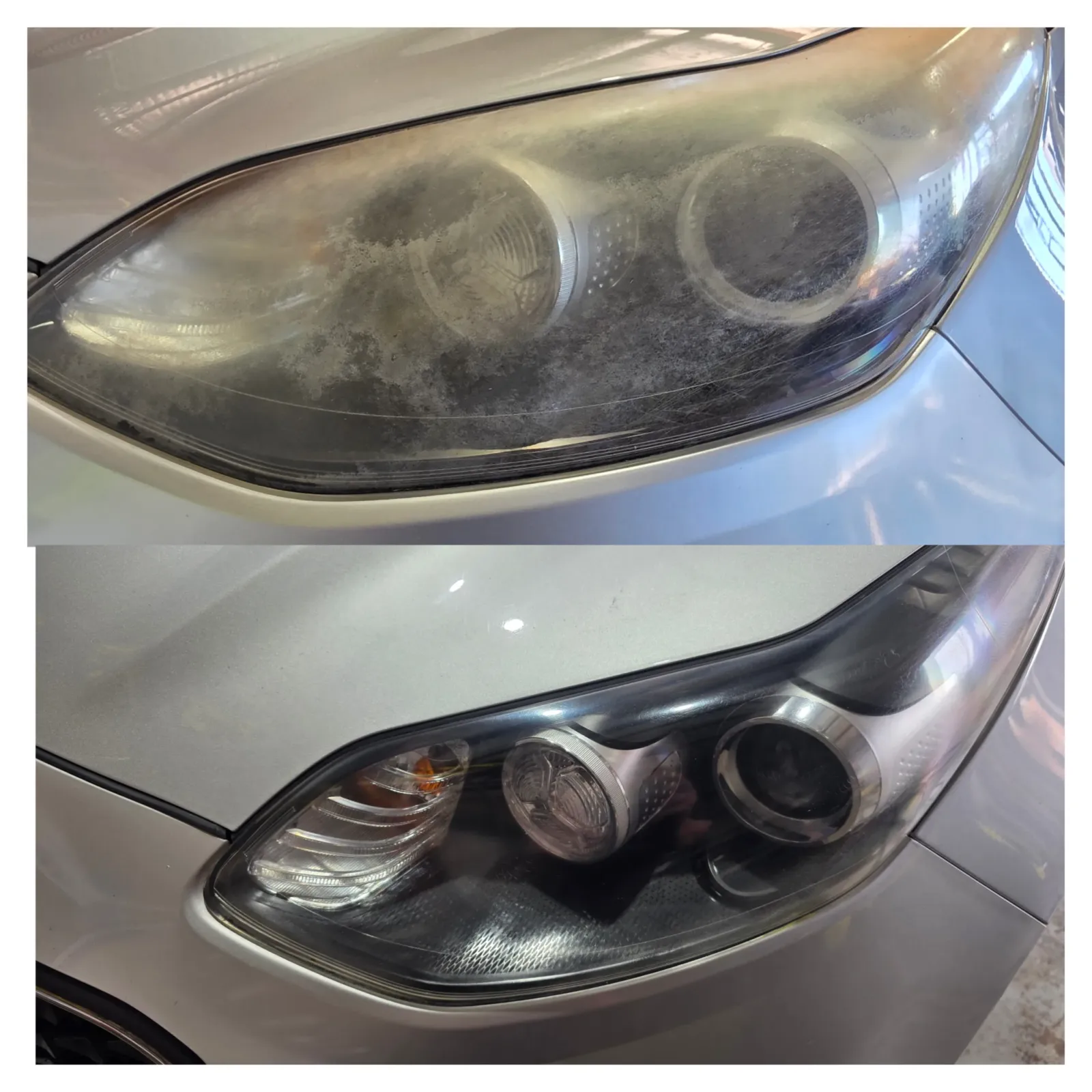 Before and after headlight restoration showing cloudy oxidised lens restored to clear by Kimberley Auto Care