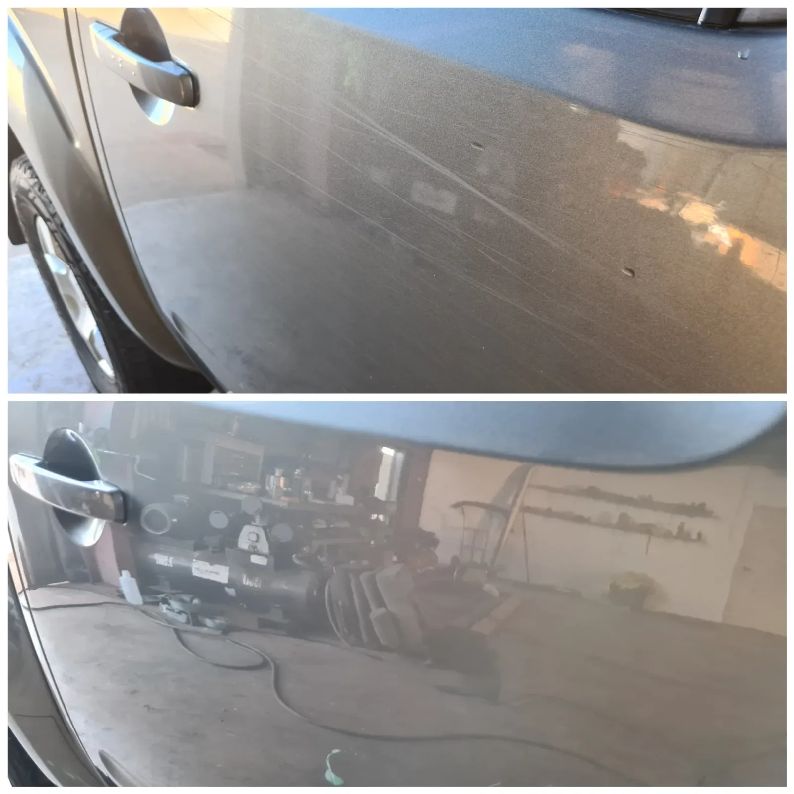 Before and after paint correction on dark vehicle pane - top shows scratches and dull oxidised paint, bottom shows mirror-finish result after machine polishing by Kimberley Auto Care