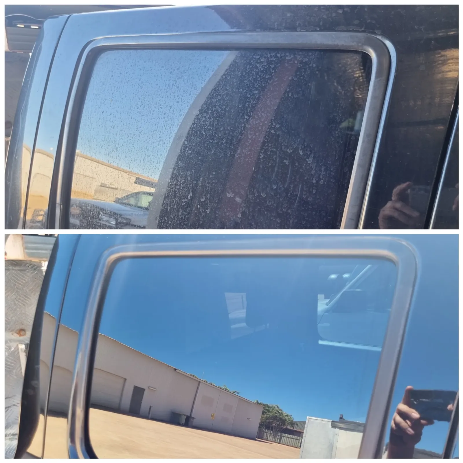 Before and after window tint replacement - top shows old bubbling peeling tint, bottom shows new flawless tint installed by Kimberley Auto Care